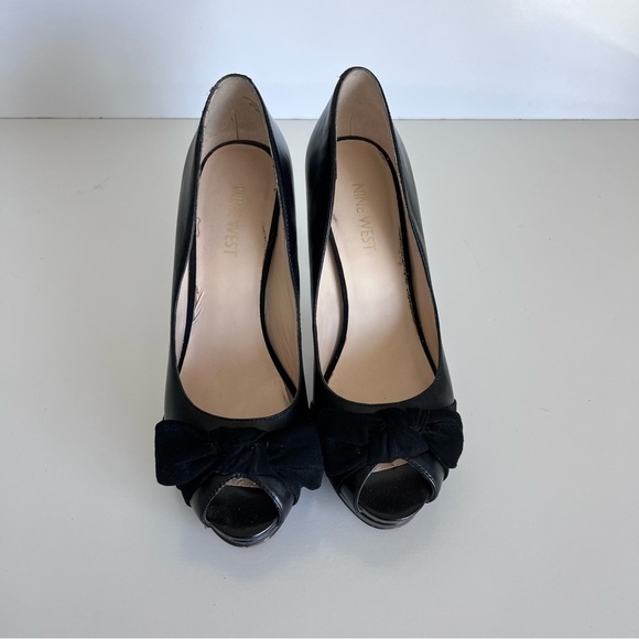 Nine West Fealey Peep Toe Leather Black Platform Pumps - Picture 2 of 14